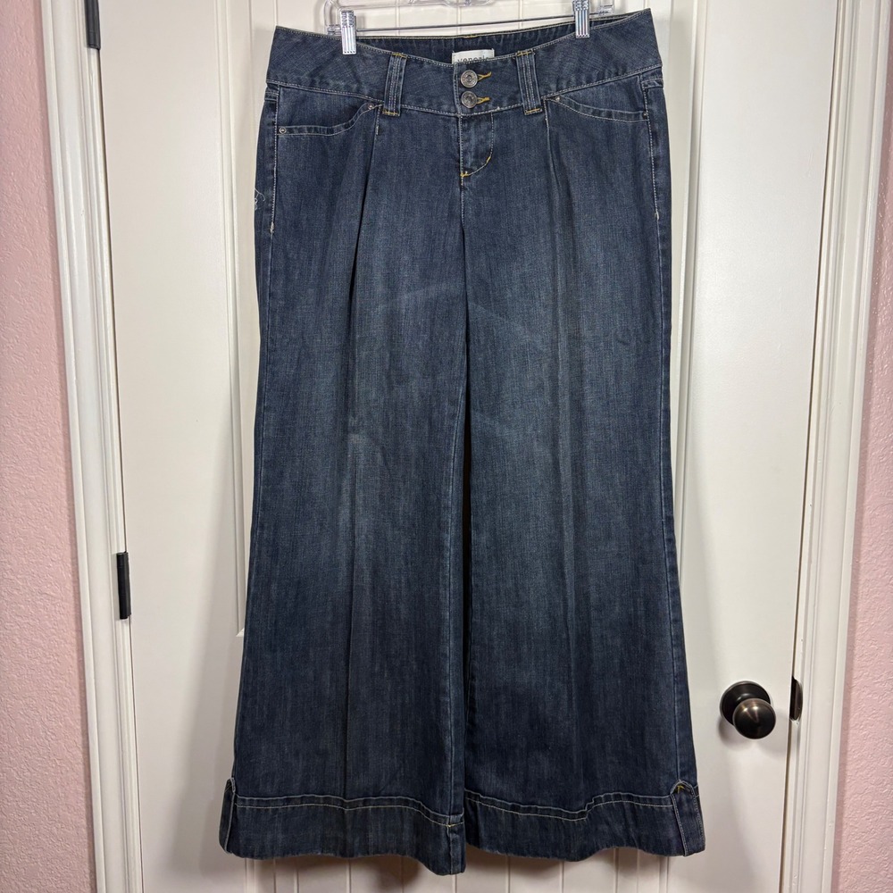 Venezia Dark Wash High Rise Wide Leg Trouser Jeans with Front Pleats and Cuffs - Picture 2 of 10